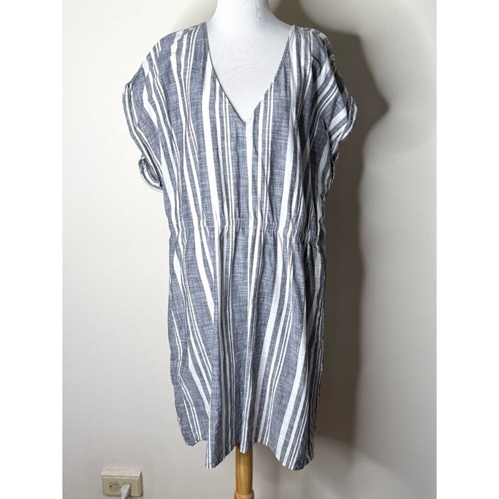 J. Crew Factory Gray and White Striped Popover V-Neck Dress